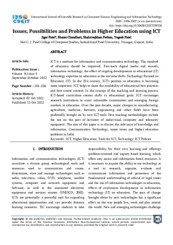 (PDF) Issues, Possibilities and Problems in Higher Education using ICT