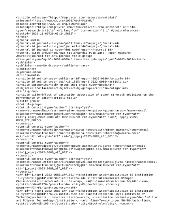 Effect of saturation adsorption of paper strength additives on the performance of paper Lars