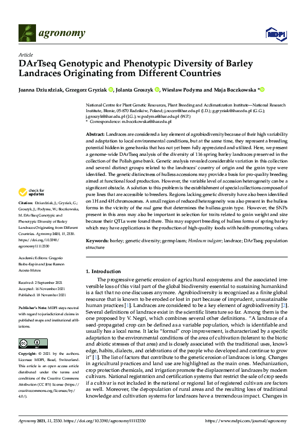 (PDF) DArTseq Genotypic and Phenotypic Diversity of Barley Landraces ...