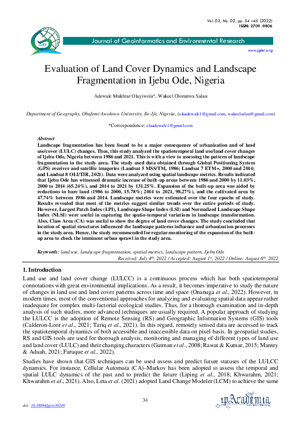 (PDF) Evaluation of Land Cover Dynamics and Landscape Fragmentation in ...