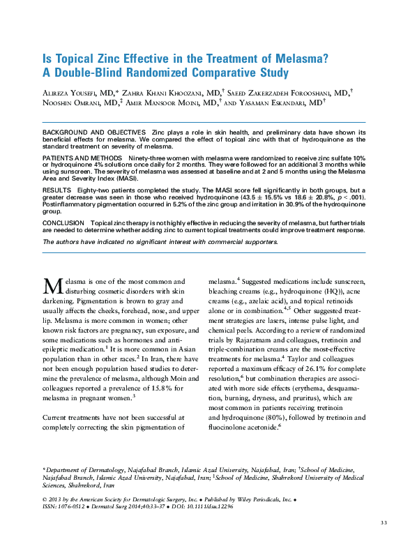 (PDF) Is Topical Zinc Effective in the Treatment of Melasma? A DoubleBlind Randomized