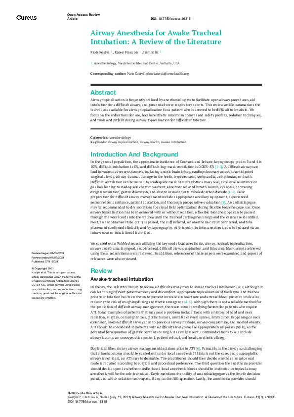 (PDF) Airway Anesthesia for Awake Tracheal Intubation A Review of the