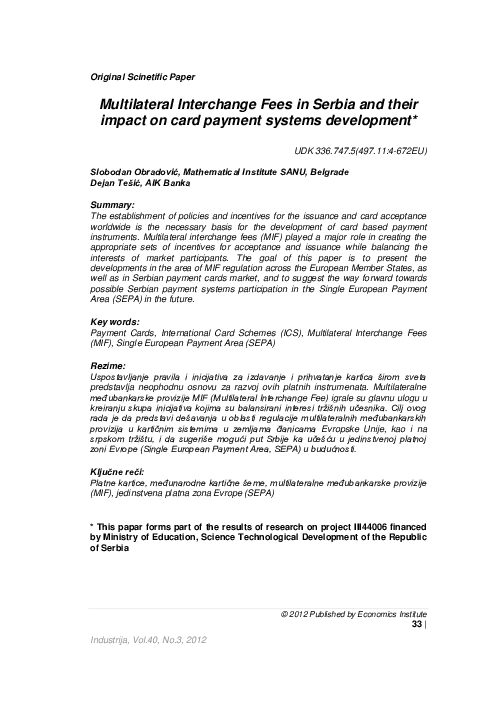 (PDF) Multilateral interchange fees in Serbia and their impact on card ...