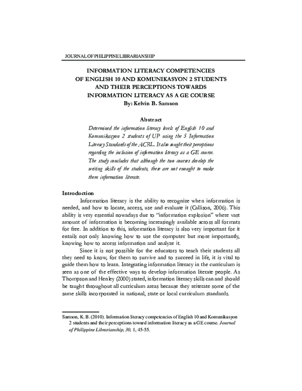 (PDF) Information Literacy Competencies of English 10 and Komunikasyon ...
