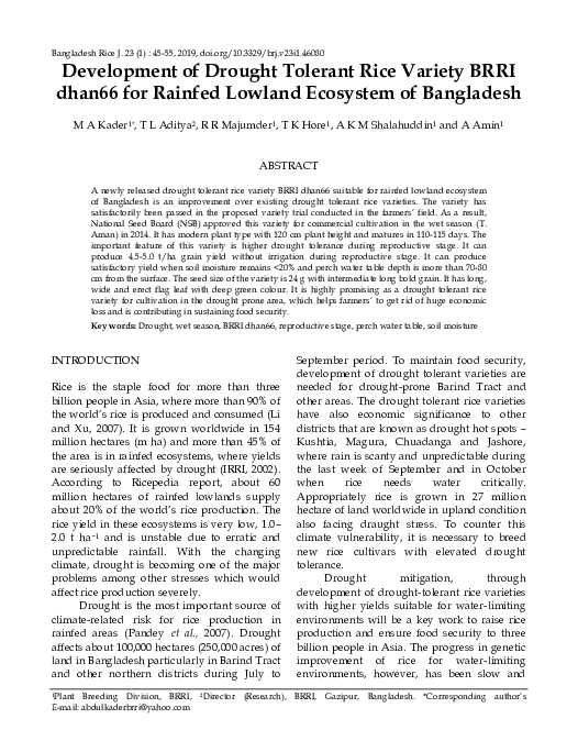 (PDF) Development of Drought Tolerant Rice Variety BRRI dhan66 for ...