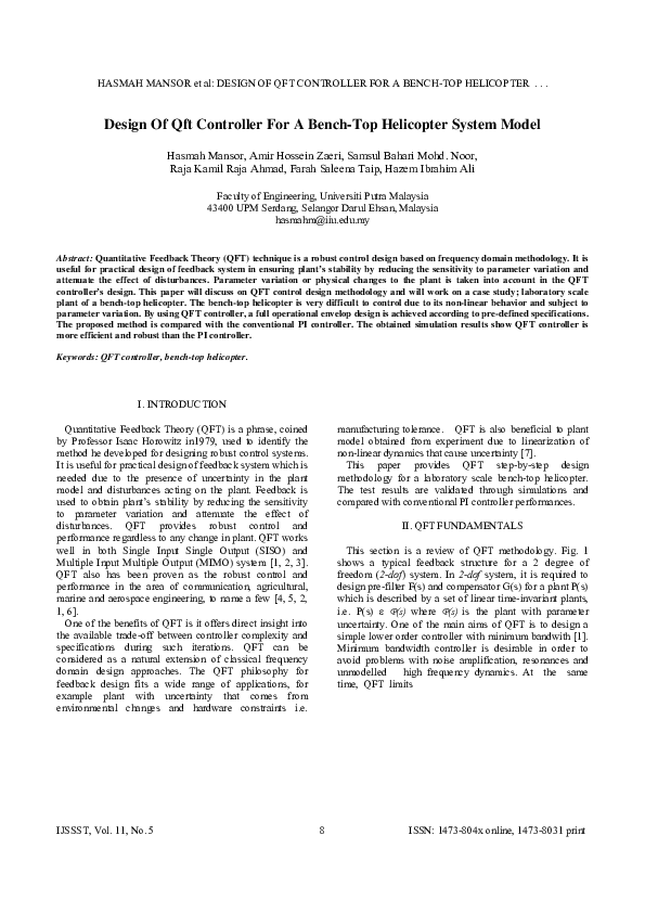 (PDF) Design Of Qft Controller For A Bench-Top Helicopter System Model