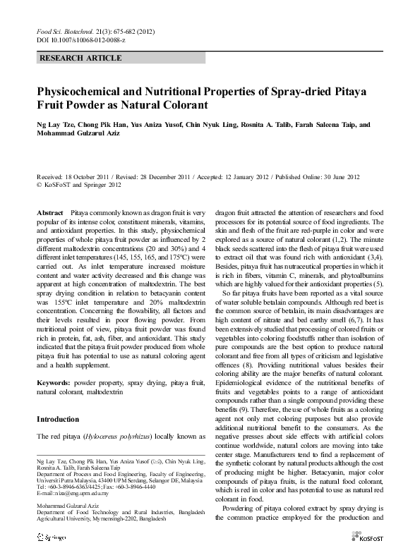 (PDF) Physicochemical and nutritional properties of spray-dried pitaya ...