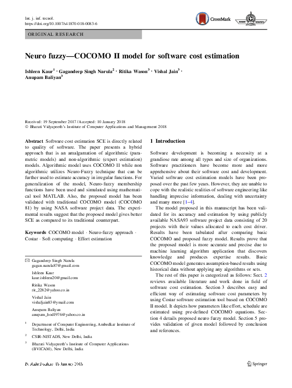 (PDF) Neuro fuzzy—COCOMO II model for software cost estimation