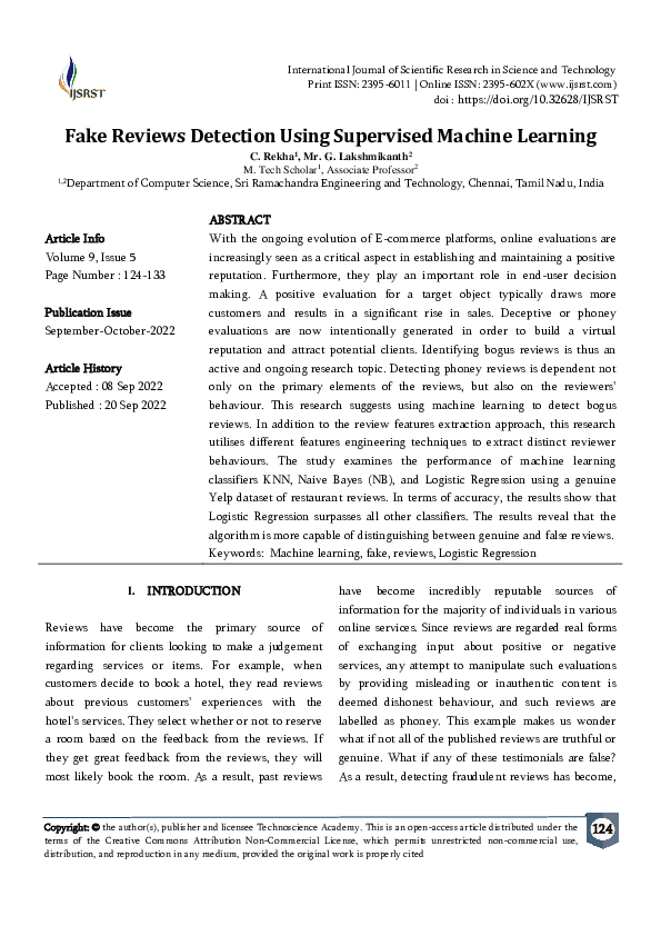 (PDF) Fake Reviews Detection Using Supervised Machine Learning