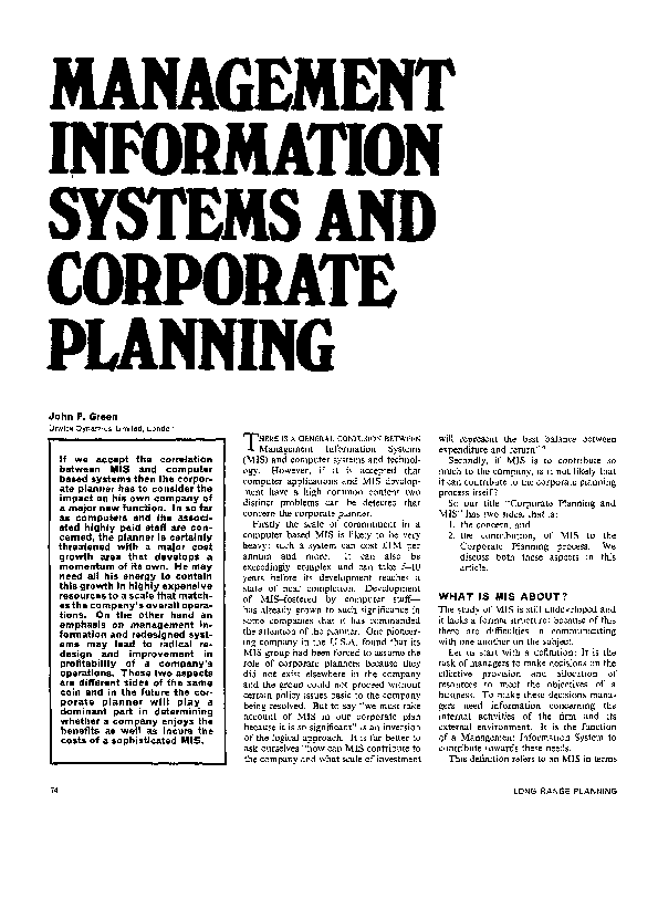 (PDF) Management Information Systems and Corporate Planning