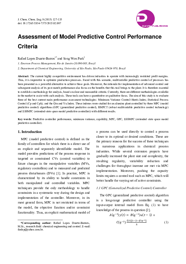 (PDF) Assessment of Model Predictive Control Performance Criteria