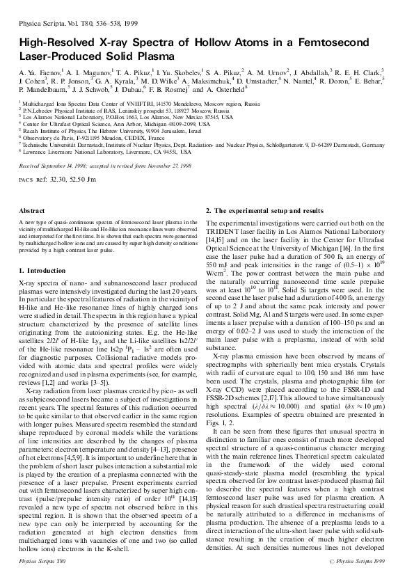 (PDF) High-Resolved X-ray Spectra of Hollow Atoms in a Femtosecond ...