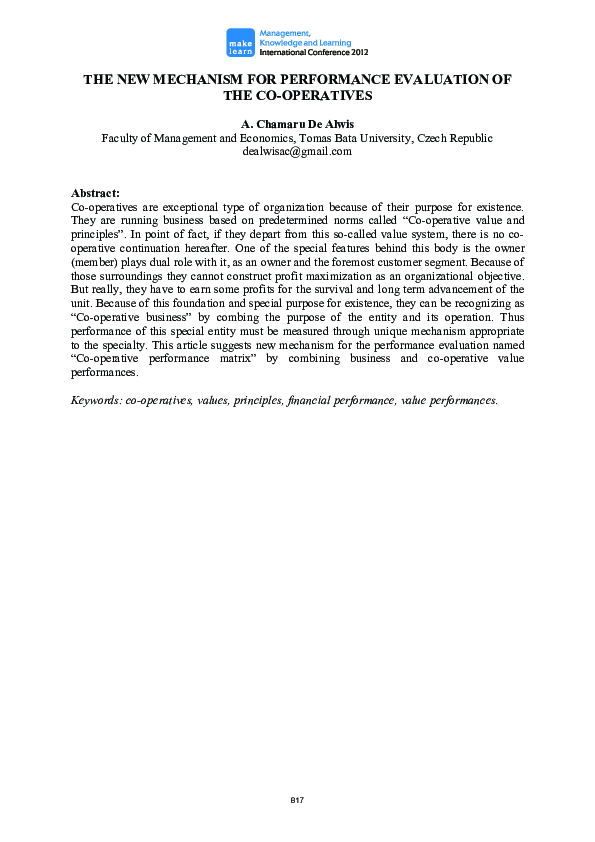 (PDF) The New Mechanism for Performance Evaluation of the CoOperatives