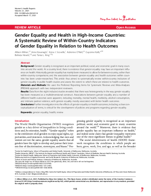 (PDF) Gender Equality and Health in High-Income Countries: A Systematic ...