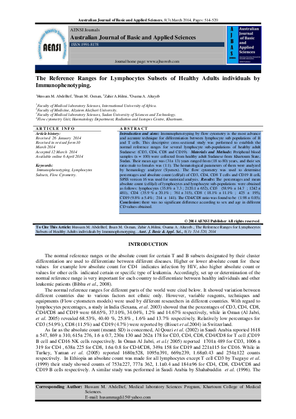 (PDF) The Reference Ranges for Lymphocytes Subsets of Healthy Adults ...