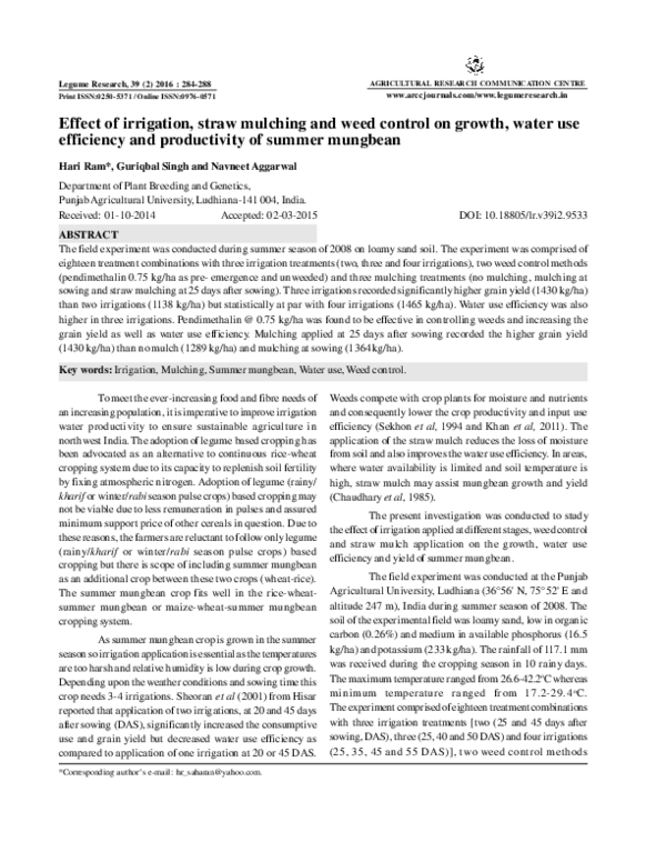 (PDF) Effect of irrigation, straw mulching and weed control on growth ...