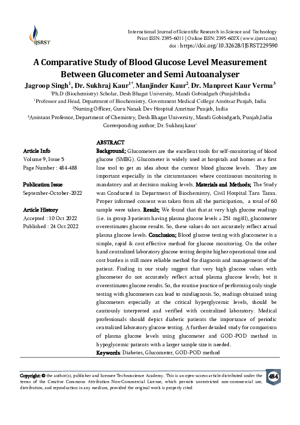 (PDF) A Comparative Study of Blood Glucose Level Measurement Between ...