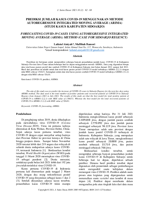 (PDF) Prediksi Jumlah Kasus COVID-19 menggunakan Metode Autoregressive ...