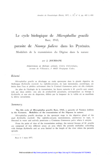 (PDF) Le cycle biologique de Microphallus gracilis Baer, 1943, parasite ...