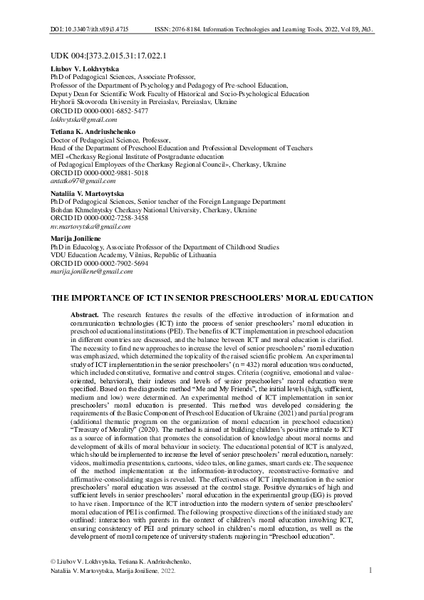 (PDF) The Importance of Ict in Senior Preschoolers’ Moral Education