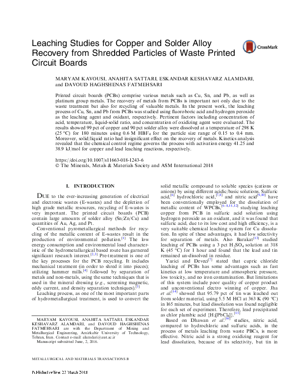 (PDF) Leaching Studies for Copper and Solder Alloy Recovery from Shredded Particles of Waste