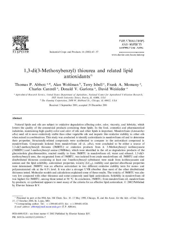 1,3-di(3-Methoxybenzyl) thiourea and related lipid antioxidants