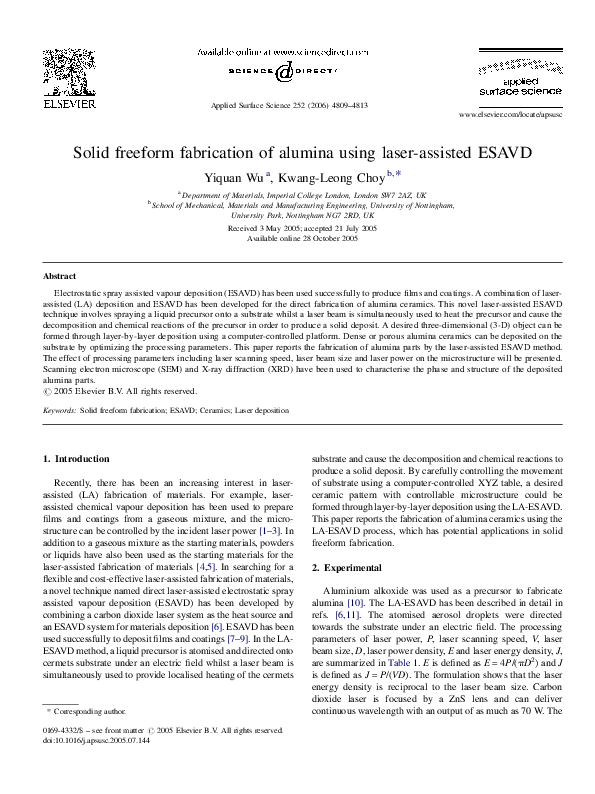 (PDF) Solid freeform fabrication of alumina using laser-assisted ESAVD