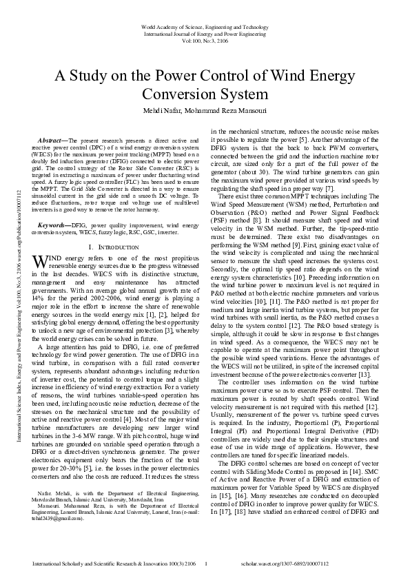 (PDF) A Study On The Power Control Of Wind Energy Conversion System