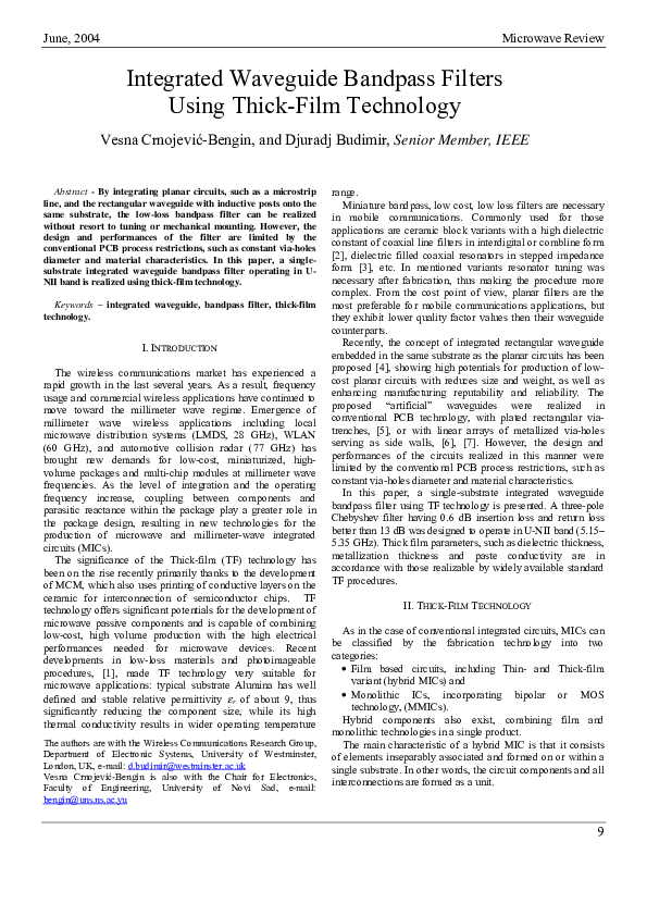 (PDF) Integrated Waveguide Bandpass Filters Using Thick-Film Technology