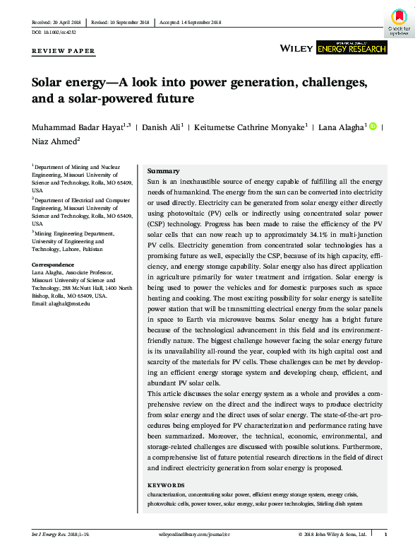 (PDF) Solar energy-A look into power generation, challenges, and a ...