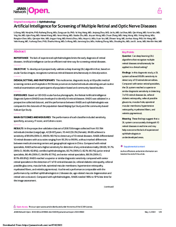 (PDF) Artificial Intelligence for Screening of Multiple Retinal and ...