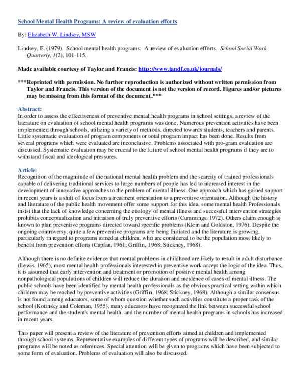 (PDF) School Mental Health Programs: A review of evaluation efforts
