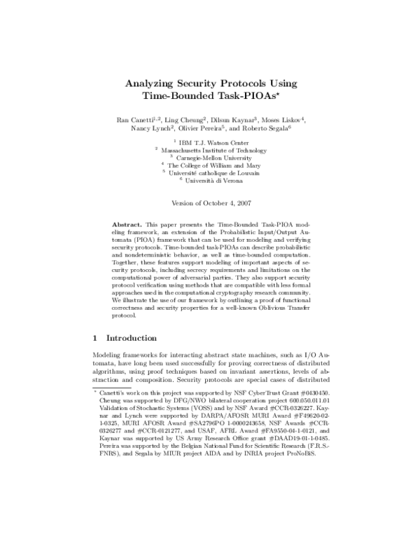 (PDF) Analyzing Security Protocols Using Time-Bounded Task-PIOAs