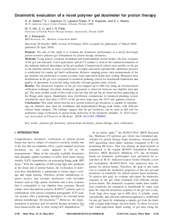 (PDF) Dosimetric evaluation of a novel polymer gel dosimeter for proton ...