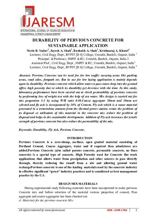 (PDF) Durability of Pervious Concrete for Sustainable Application