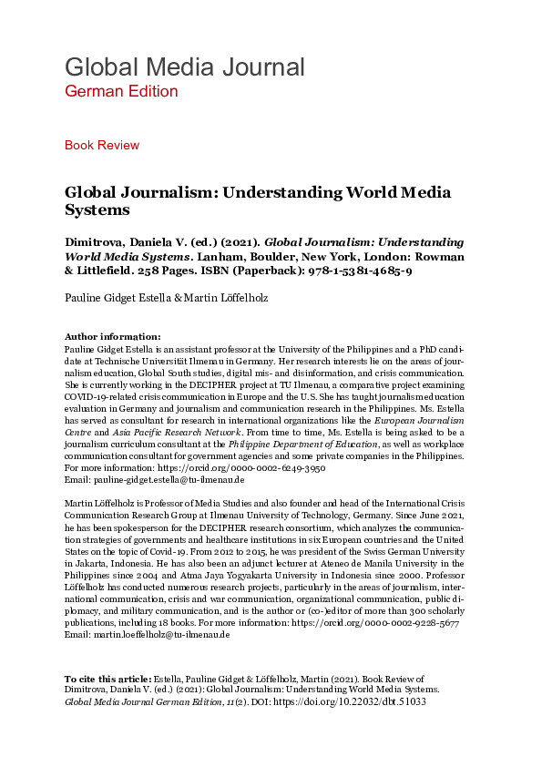 (PDF) Global Journalism Understanding World Media Systems Global