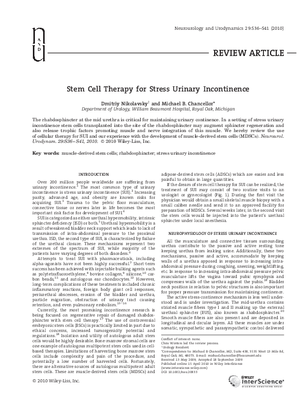 (PDF) Stem cell therapy for stress urinary incontinence: a systematic ...
