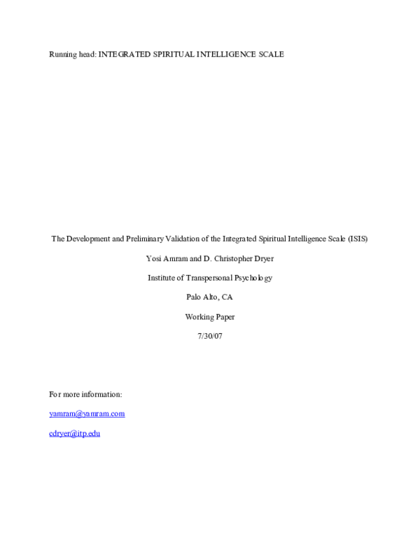 (PDF) Running head: INTEGRATED SPIRITUAL INTELLIGENCE SCALE The ...