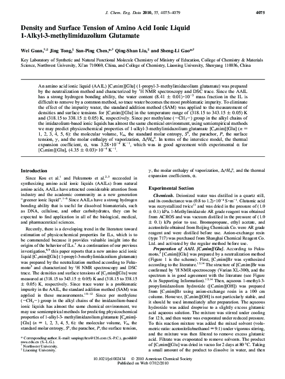 (PDF) Density and Surface Tension of Amino Acid Ionic Liquid 1-Alkyl-3 ...