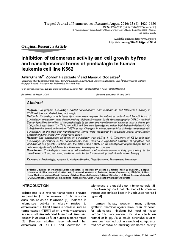 (PDF) Inhibition of telomerase activity and cell growth by free and ...