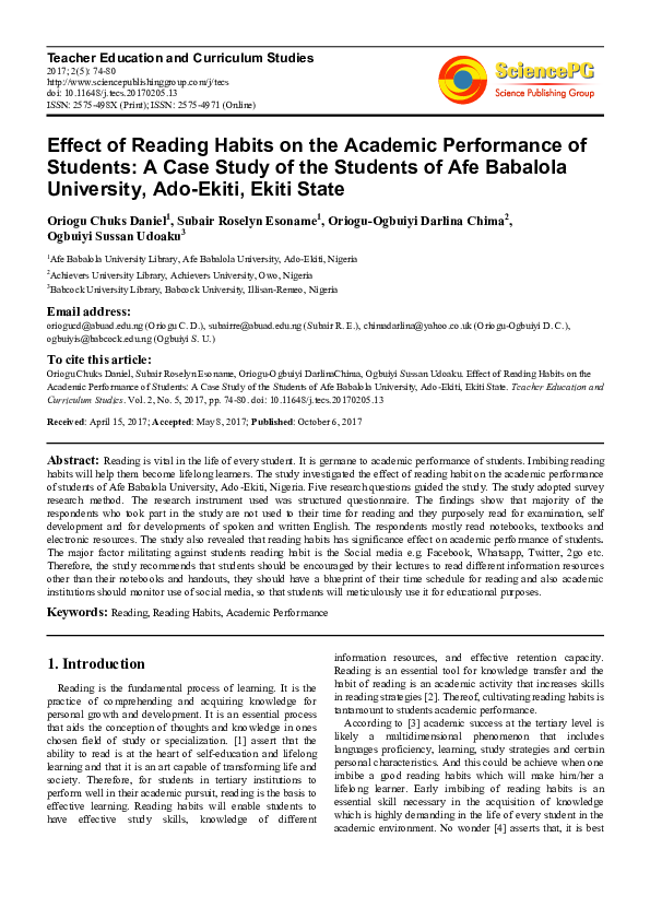 (PDF) Effect of Reading Habits on the Academic Performance of Students ...