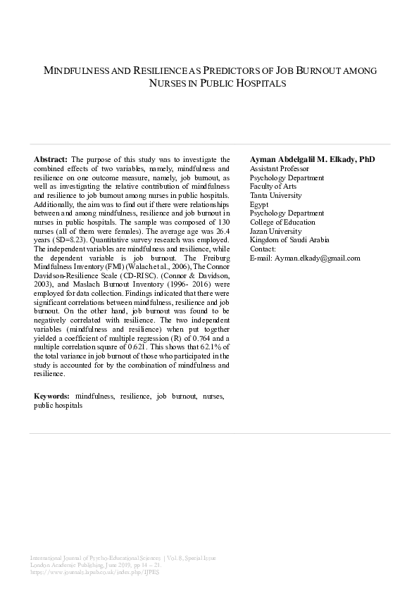 (PDF) Mindfulness and Resilience as Predictors of Job Burnout among ...