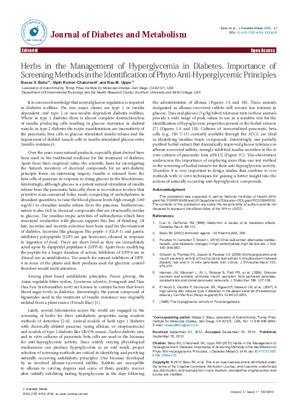 (PDF) Herbs in the Management of Hyperglycemia in Diabetes. Importance ...