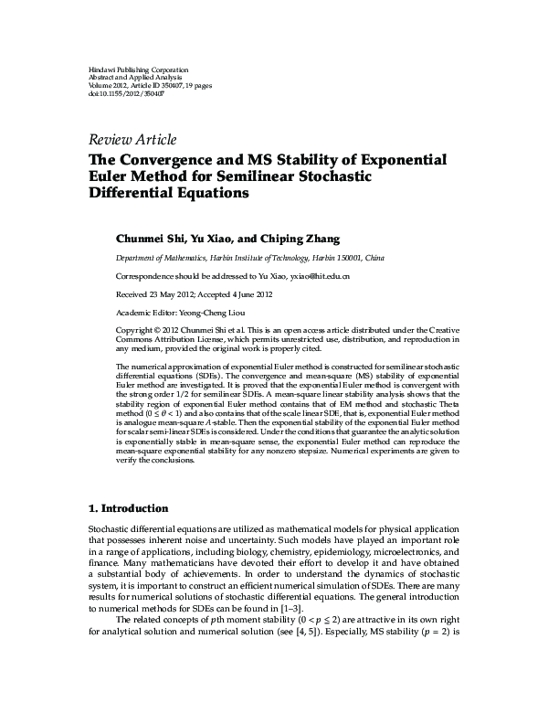 (PDF) The Convergence and MS Stability of Exponential Euler Method for ...