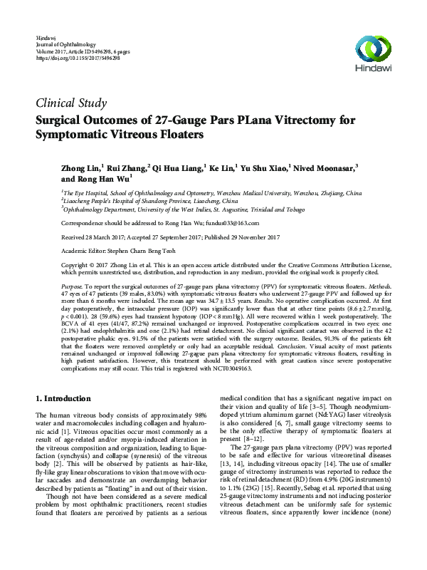 (PDF) Surgical Outcomes of 27-Gauge Pars PLana Vitrectomy for ...
