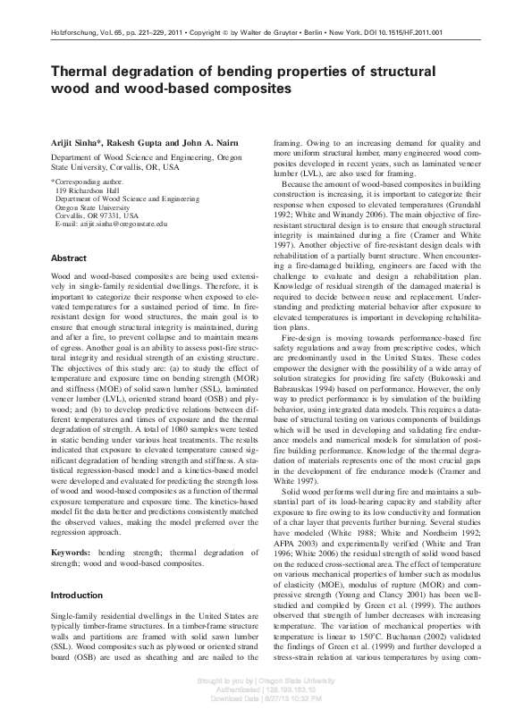 (PDF) Thermal degradation of bending properties of structural wood and