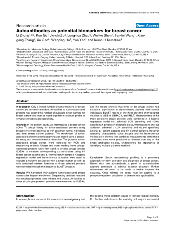(PDF) Autoantibodies as potential biomarkers for breast cancer | Yun ...