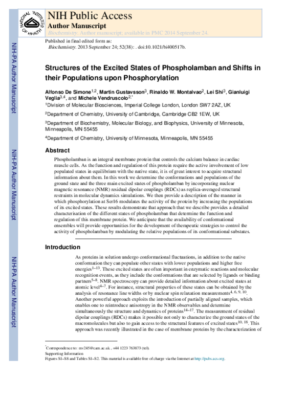 (PDF) Structures of the Excited States of Phospholamban and Shifts in ...