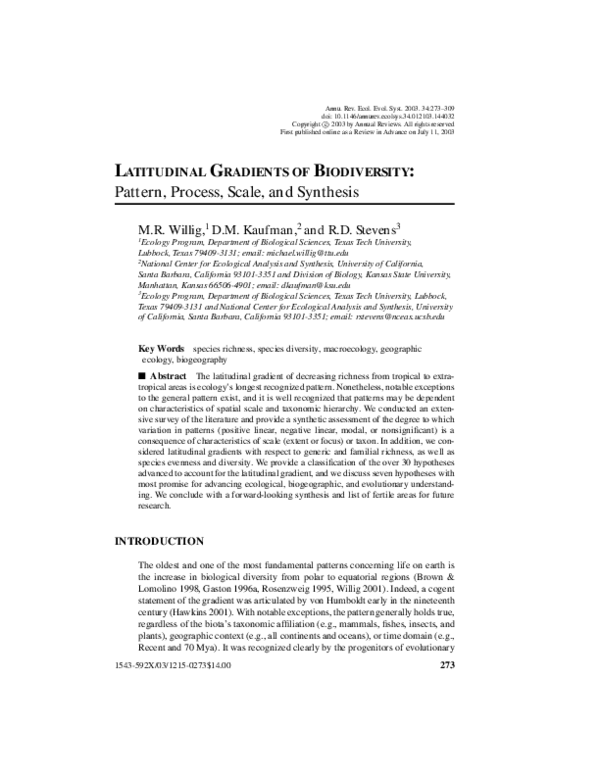 (PDF) Latitudinal Gradients of Biodiversity: Pattern, Process, Scale ...