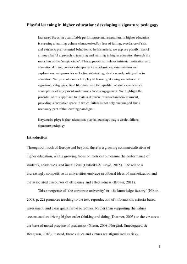 (PDF) Playful learning in higher education: developing a signature pedagogy